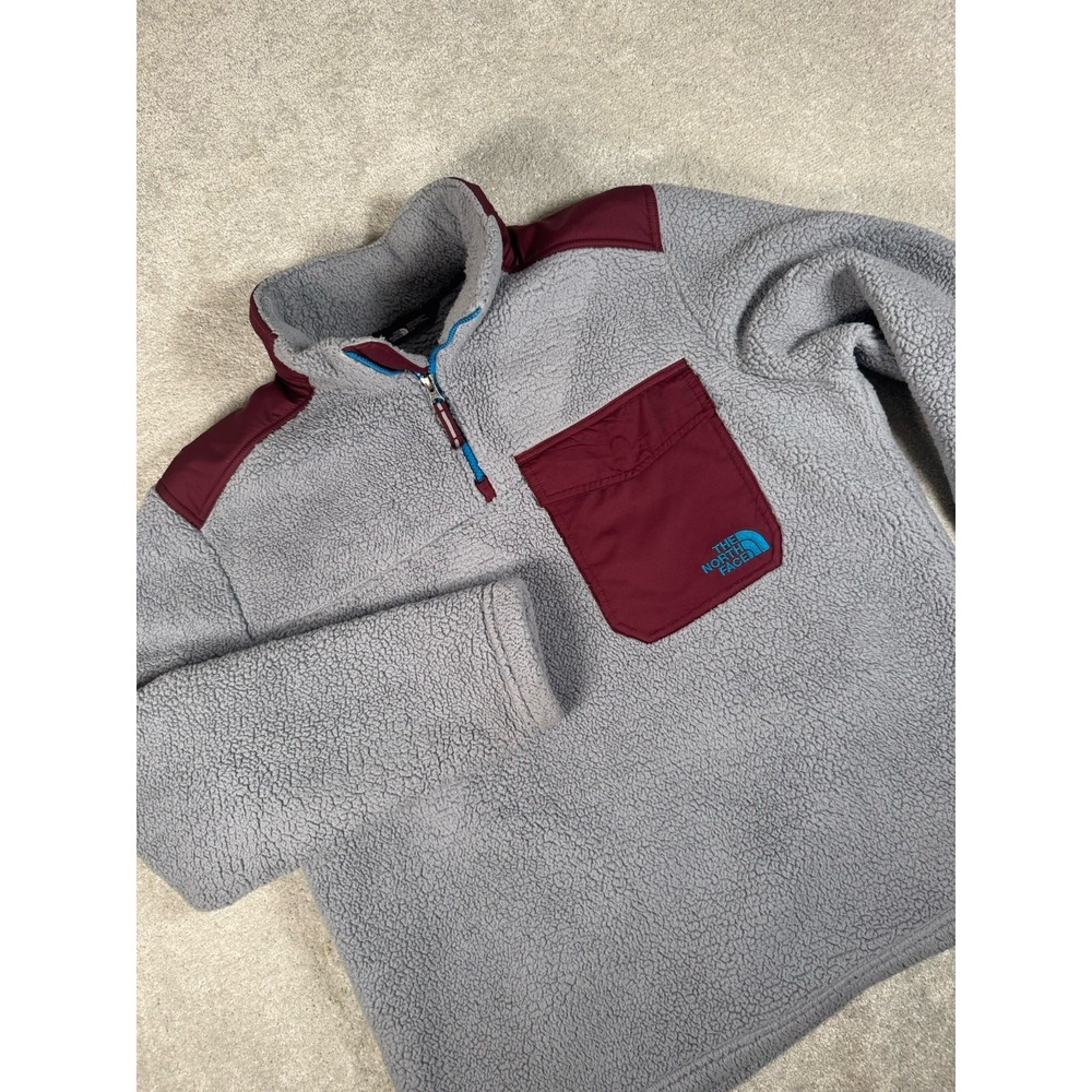 North Face Mens Jacket Sherpa 1/4 Zip Fleece Pullover Soft Gray Burgundy Size L‎